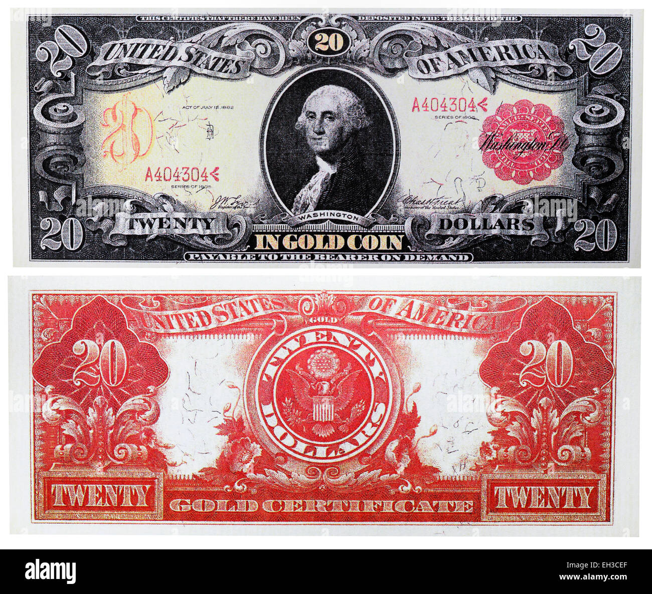 20 dollars or certificat, George Washington, billet, USA, 1905 Banque D'Images