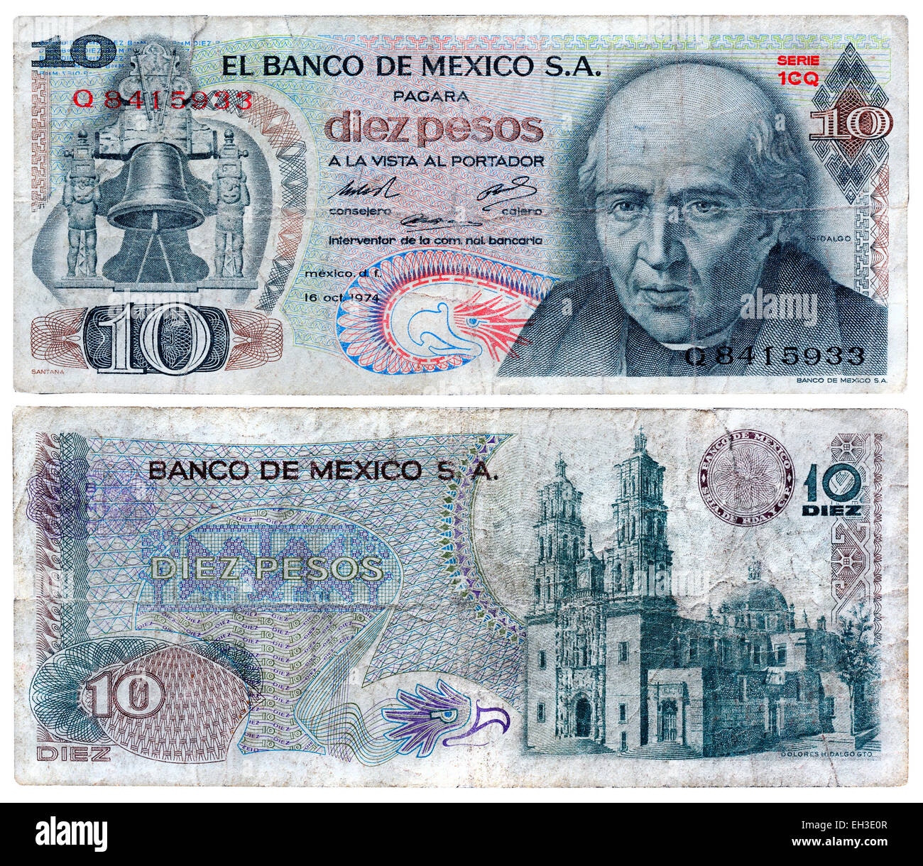 Billet de 10 pesos, Miguel Hidalgo y Costilla, Mexique, 1974 Banque D'Images