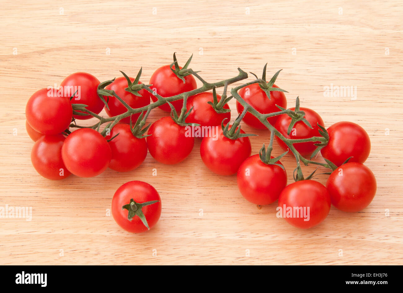 Piccolo petite tomates cerise sur la vigne sur un fond en bois pâle. Banque D'Images
