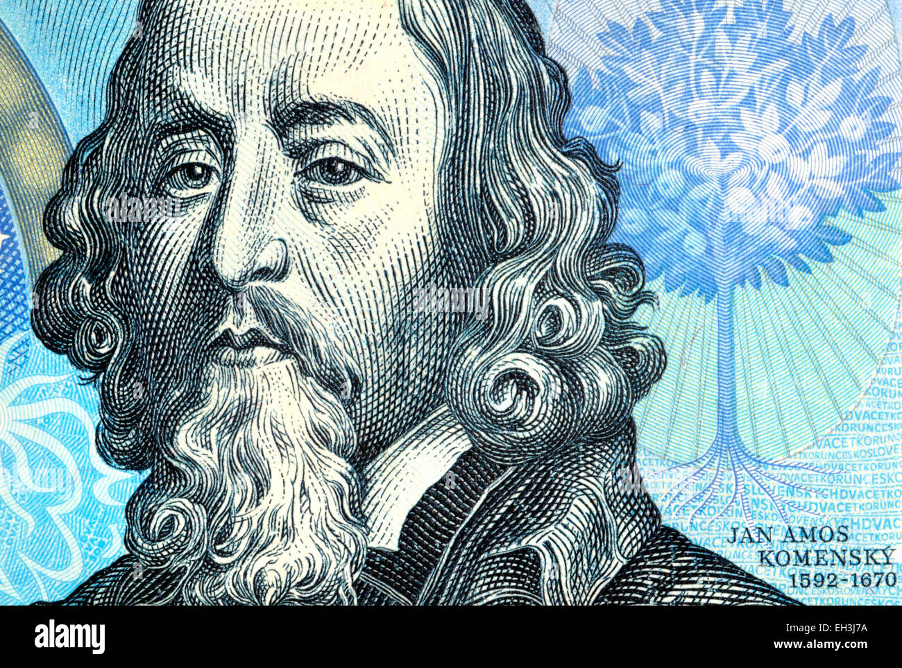 Détail d'un état tchécoslovaque 20 Korun / note de 1988 montrant portrait de Jan Komensky / John Amos Comenius Banque D'Images