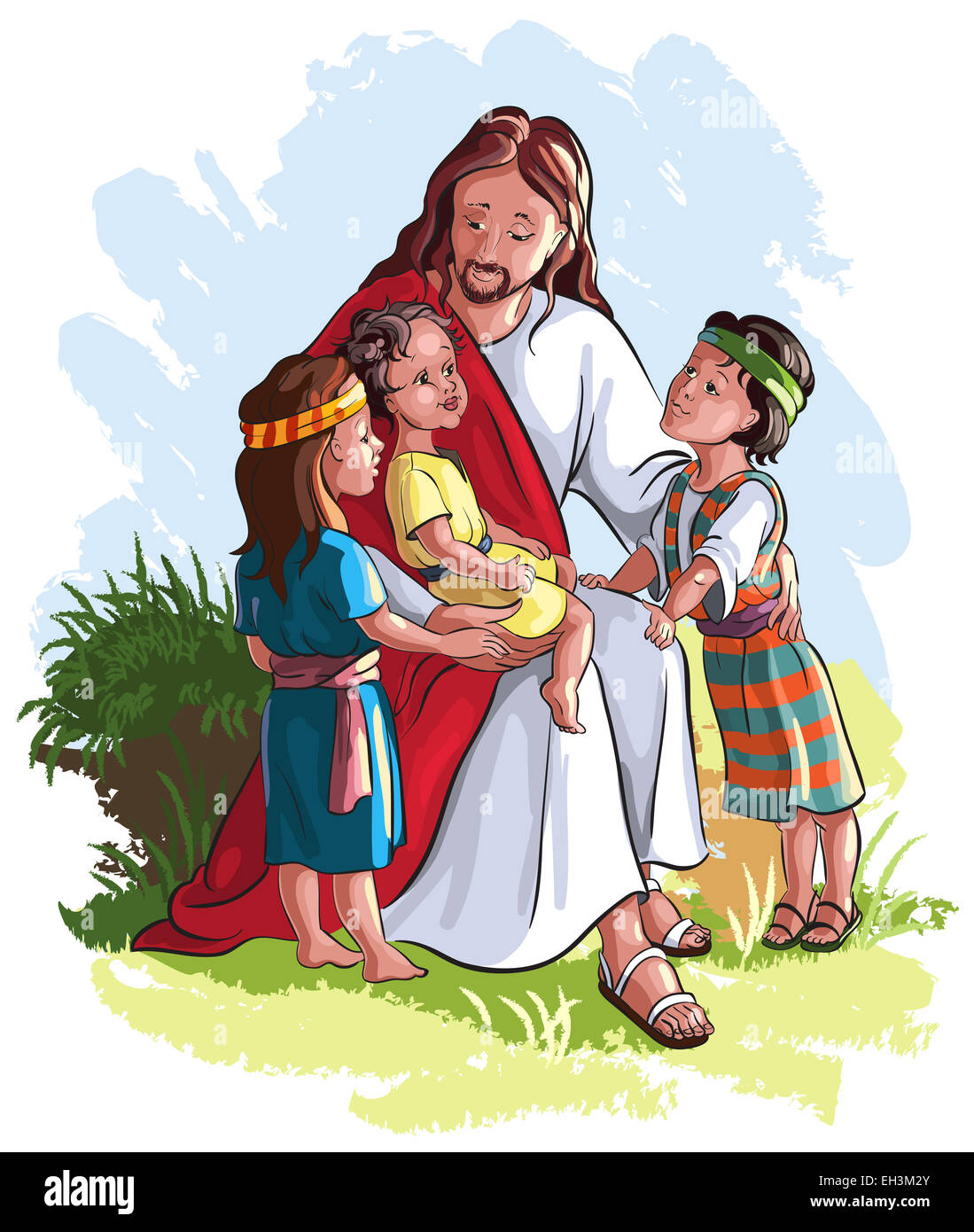 Jésus avec les enfants. Cartoon illustration couleur chrétienne des événements dans la vie de Jésus Banque D'Images
