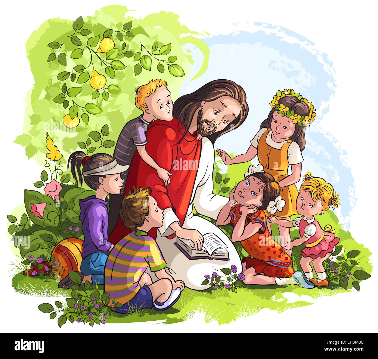 Jésus lire la Bible avec les enfants. Cartoon illustration couleur chrétienne des événements dans la vie de Jésus Banque D'Images