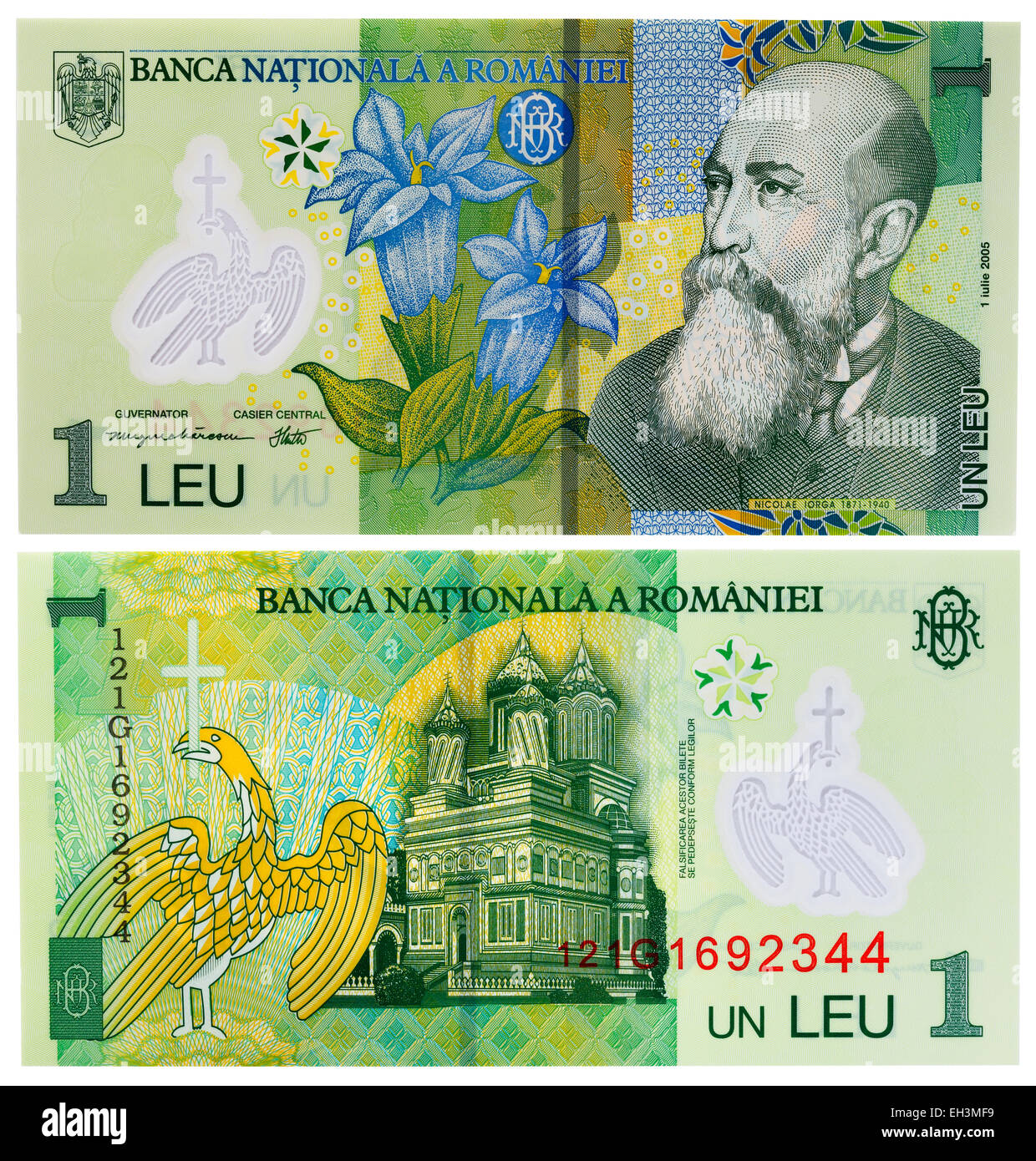 Billet de 1 lei, Nicolae Iorga, Cathédrale de Monastère de Curtea de Arges, Roumanie, 2005 Banque D'Images