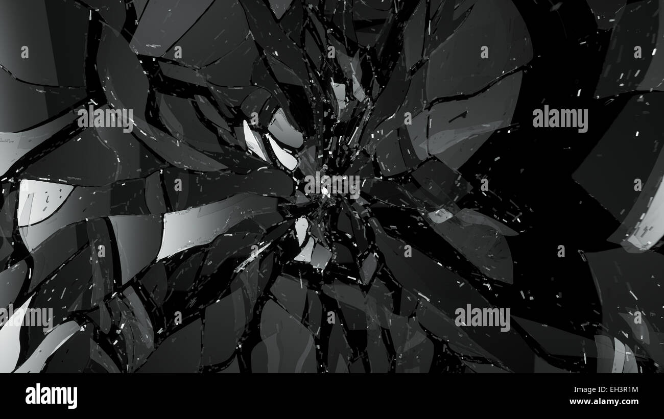 Morceaux de verre fissuré ou fractionnés sur noir. Grande résolution Banque D'Images