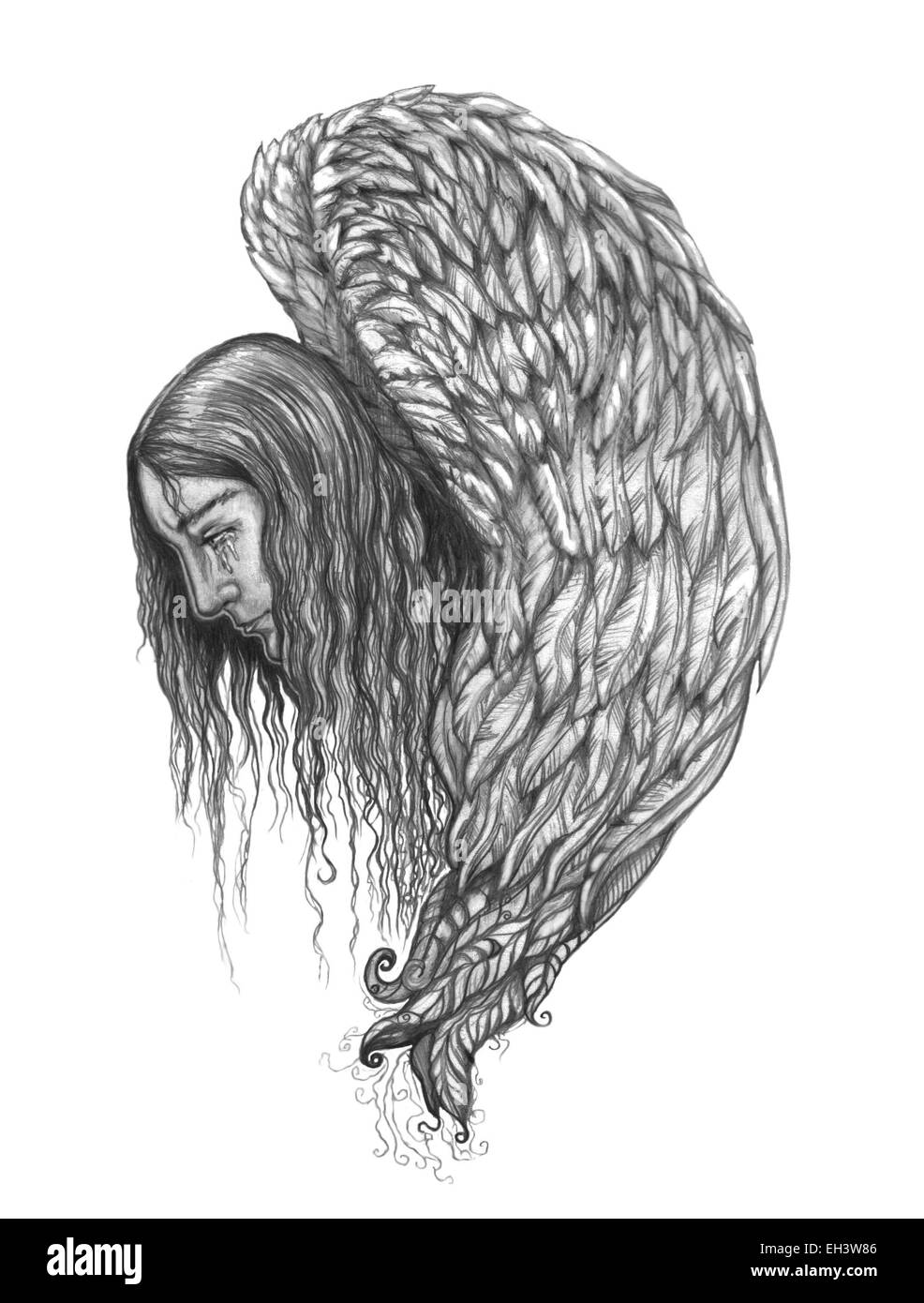 Un Ange Pleureur illustration tirée au crayon montrant seulement les ailes et le visage de profil. Banque D'Images