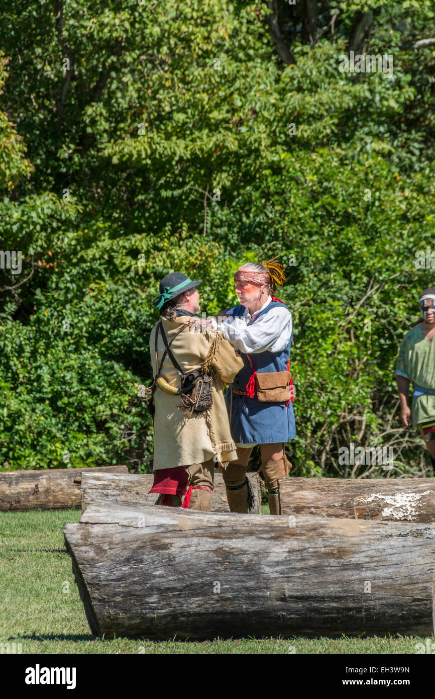 Daniel Boone réunion avec le chef Blackfish des Shawnees au 1778 de la 5ème siège de Fort Boonesborough Kentucky. Banque D'Images