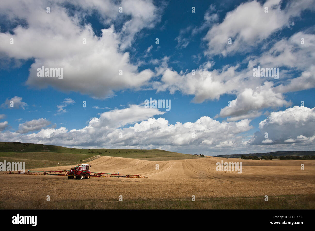 Un champ de pulvérisation agricole sous un grand ciel nuageux Banque D'Images