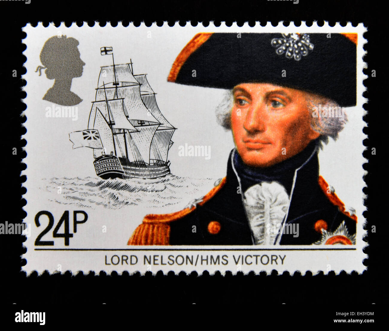 Timbre-poste. La Grande-Bretagne. La reine Elizabeth II. 1982. Patrimoine maritime. Lord Nelson et HMS Victory. Banque D'Images