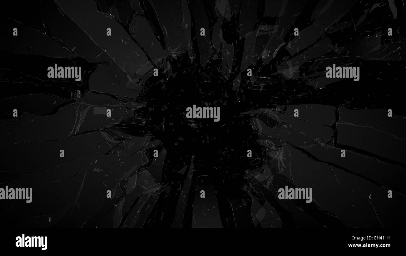 Des morceaux de verre brisé ou cassé sur fond noir Banque D'Images