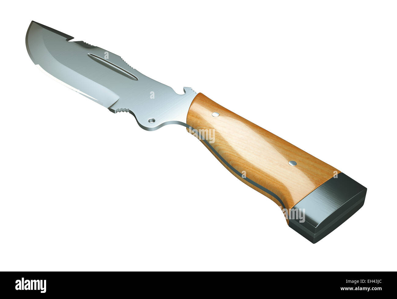 Crime et arme : couteau de chasse isolé sur fond blanc Banque D'Images