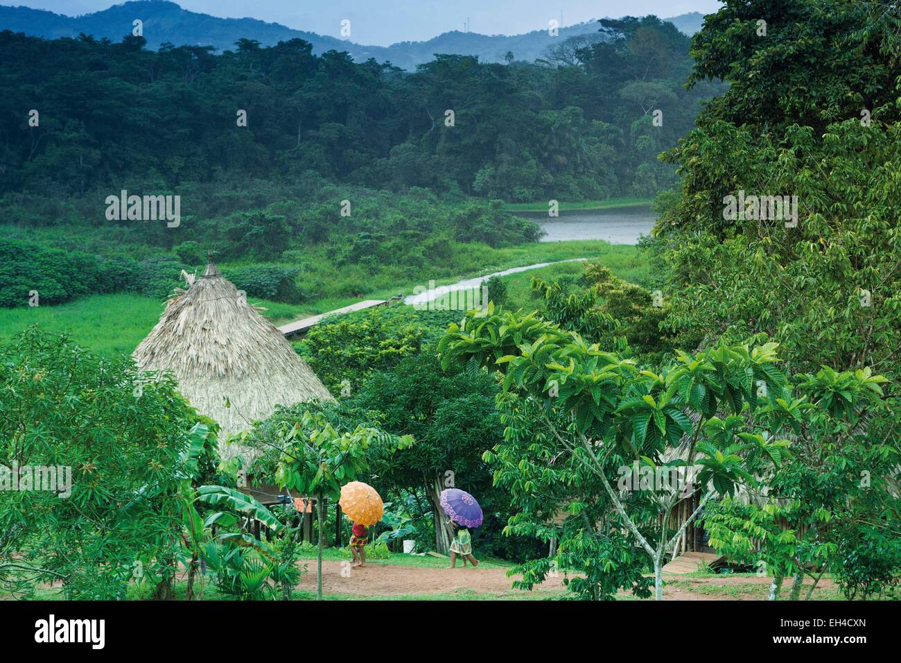 Panama, province de Darién, Darien National Park, classé au Patrimoine Mondial par l'UNESCO, la communauté indigène Embera, les jeunes femmes se protégeant de la pluie sous égide au milieu d'un village traditionnel dans un cadre d'Embera vegetatio tropical Banque D'Images
