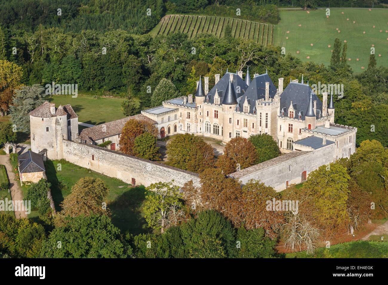 France, Dordogne, Saint Michel de Montaigne, Château de Montaigne (vue aérienne) Banque D'Images
