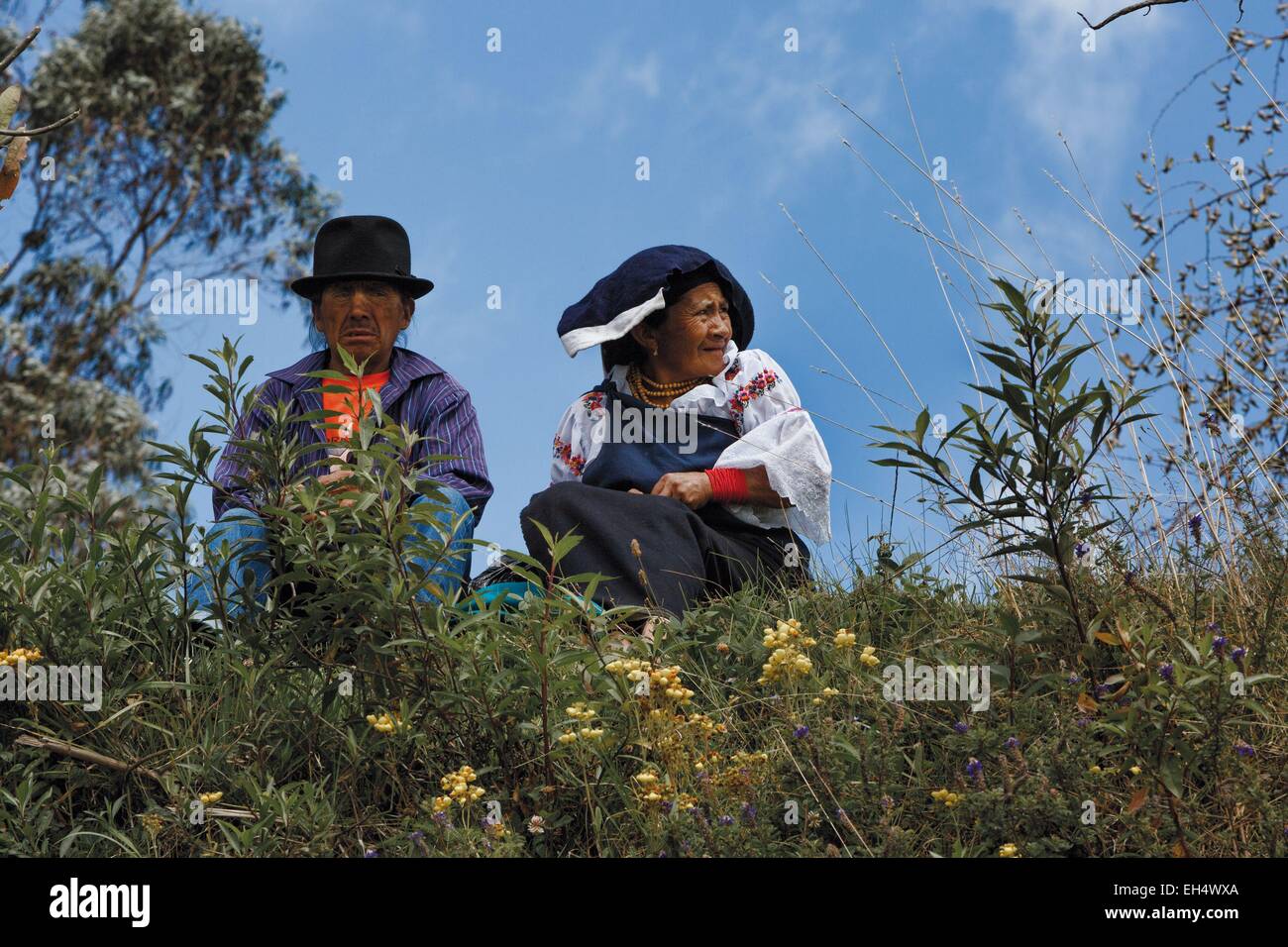 L'Équateur, Imbabura, communauté rurale de San Pablo, jour Intyrami, spectateurs assis sur la colline Banque D'Images