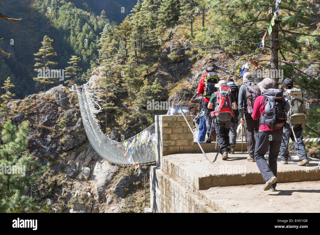 Le Népal, parc national de Sagarmatha, inscrite au Patrimoine Mondial de l'UNESCO, Solu Khumbu District, région de l'Everest, pont suspendu de la vallée de la Dudh Koshi entre Lukla et Namche Bazar Banque D'Images