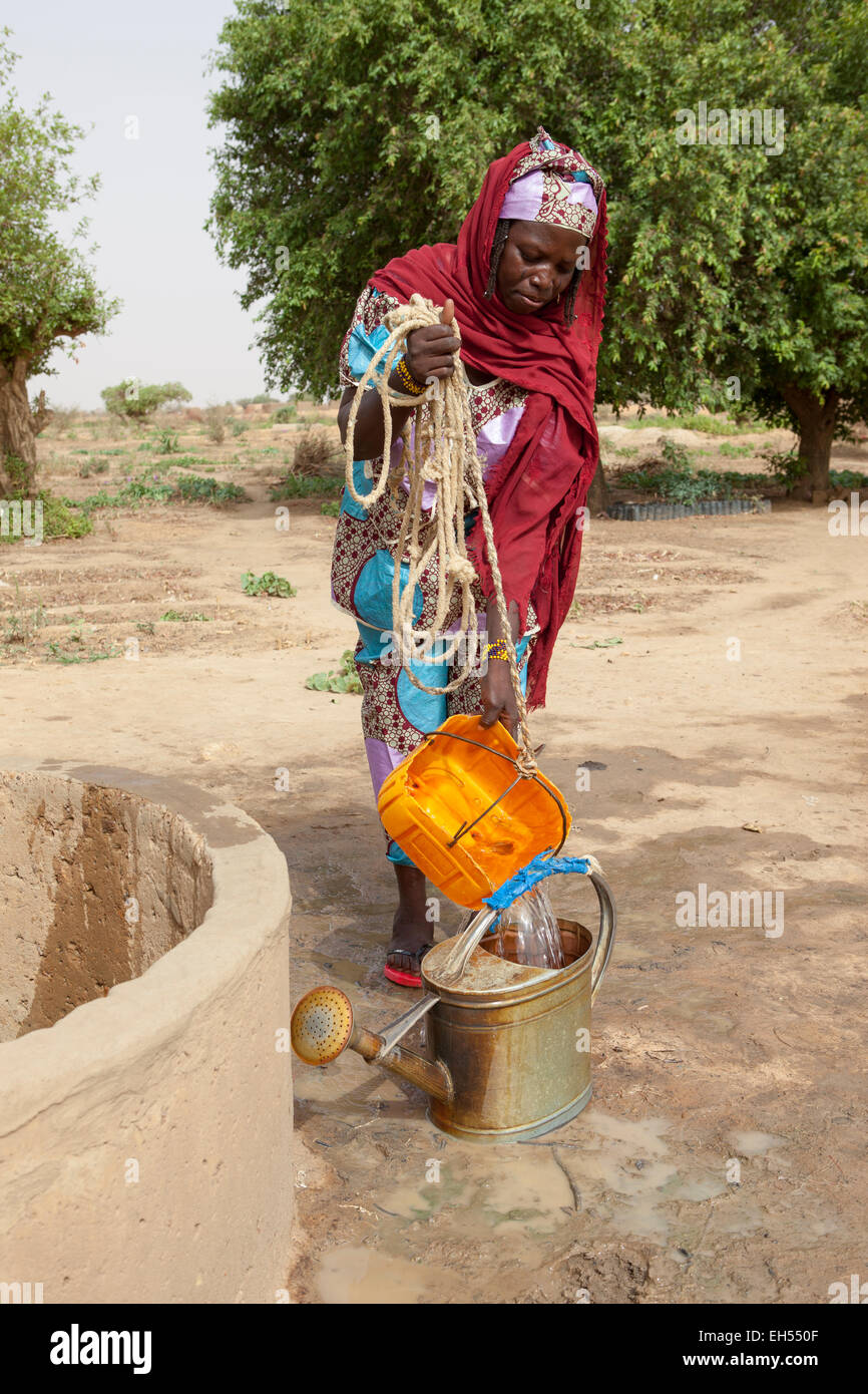 Le jardin des femmes, Groupe Tera, de l'ouest Niger : Ramata Hama, 38, l'une des 52 femmes dans le groupe de jardinage local fournit à la fois nourriture et revenu par la crise alimentaire. Banque D'Images