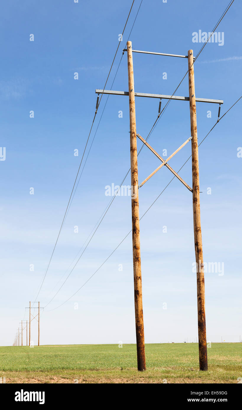 Lignes de transport d'électricité et de granulés de bois d'éoliennes en Kiowa Comté de l'Oklahoma. Double usage terre comme c'est aussi un champ de foin Banque D'Images