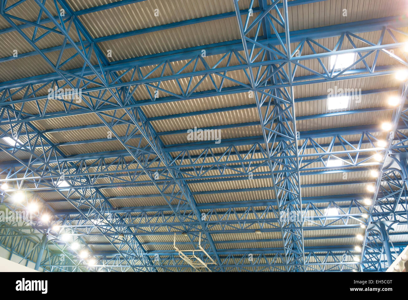 Structure du châssis métallique soutenant un toit avec éclairage naturel et artificiel Banque D'Images