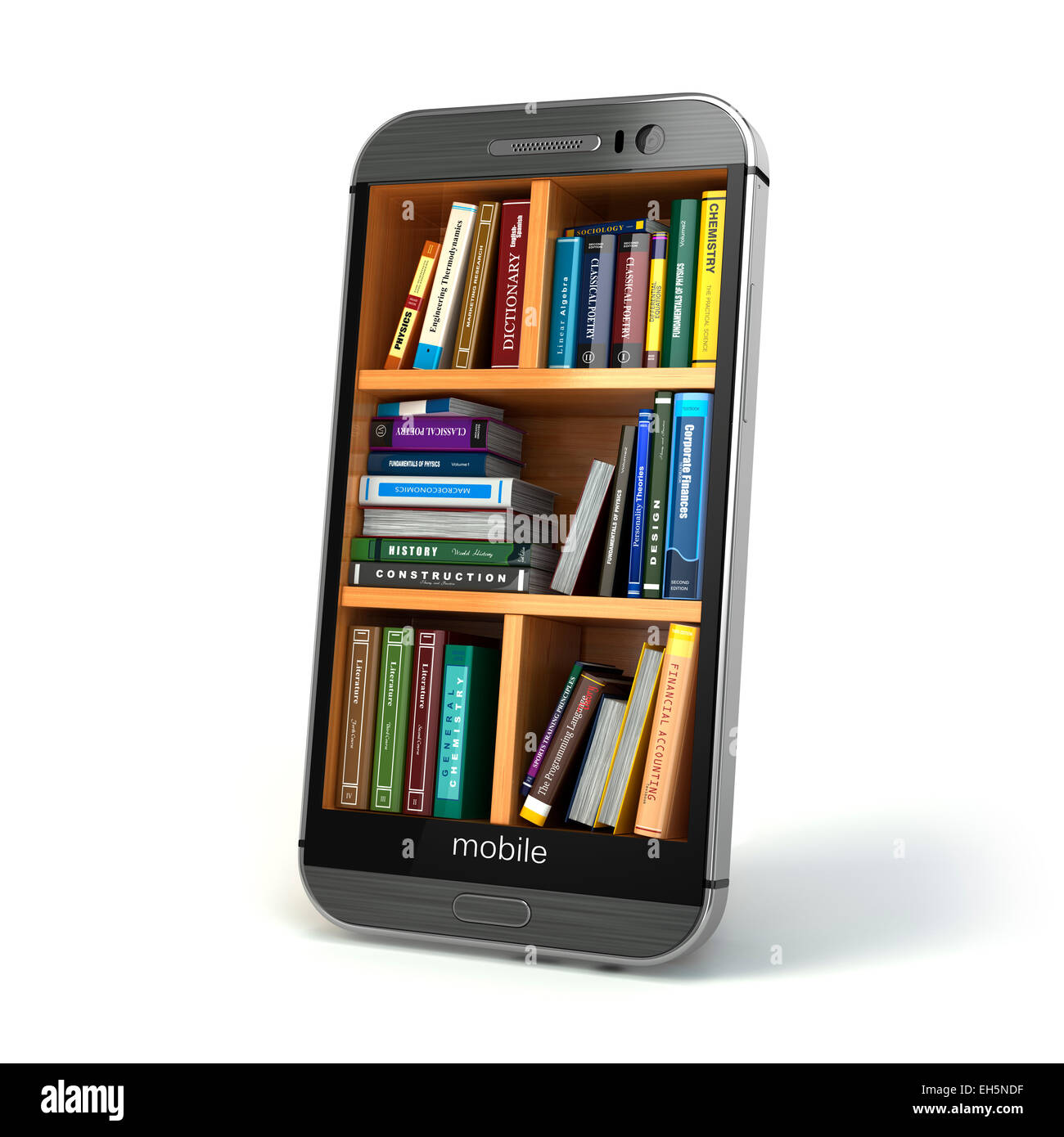 E-learning ou de l'éducation bibliothèque internet concept. Smartphone et livres. 3d Banque D'Images