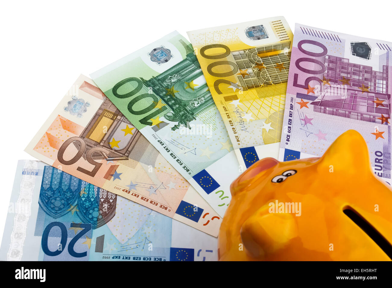 Tirelire et en euros (EUR), sur un fond blanc. Banque D'Images
