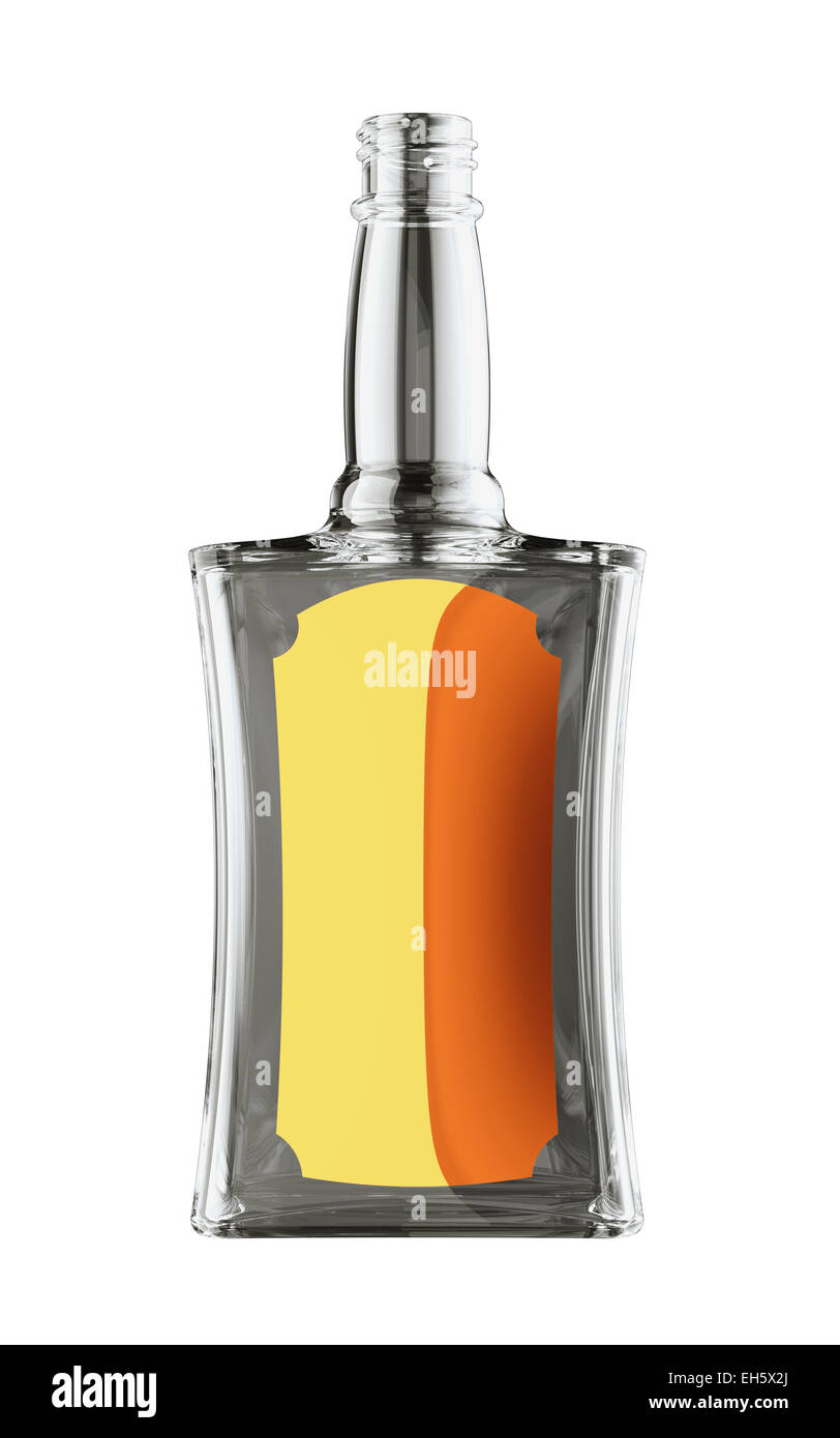 Bouteille vide de rhum ou de whisky avec golden label isolated on white Banque D'Images