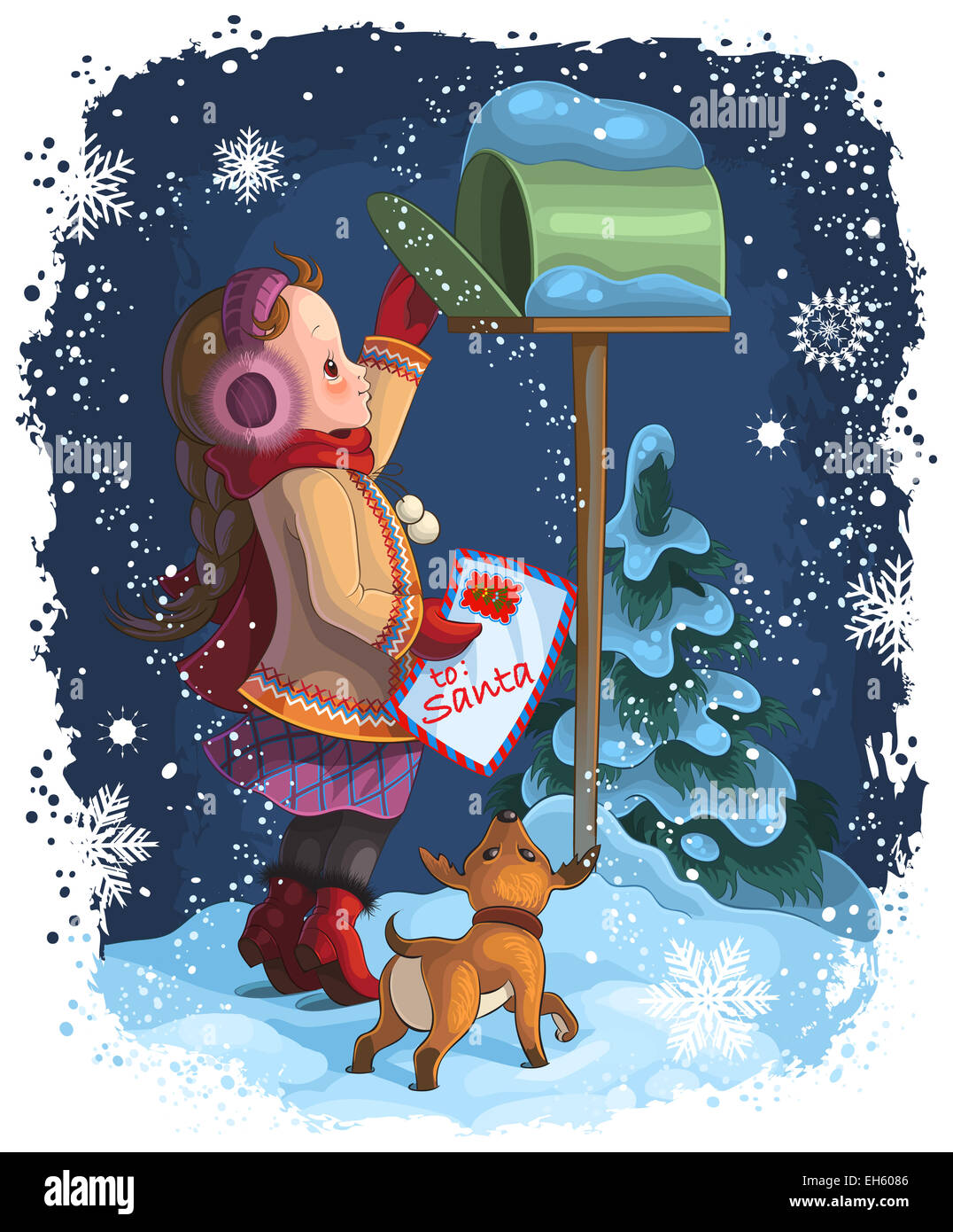 Petite fille et son chiot poster une lettre au Père Noël. Vacances de Noël illustration Banque D'Images