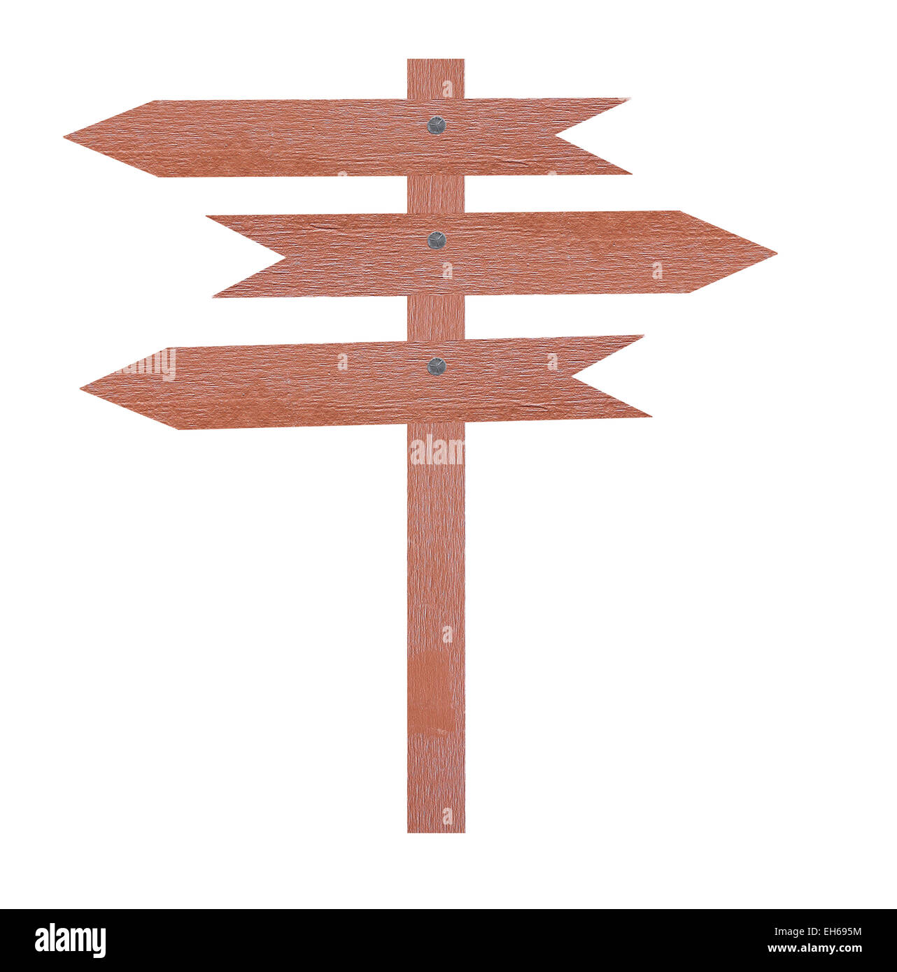 Pancarte en bois brun flèche sur fond blanc. Banque D'Images