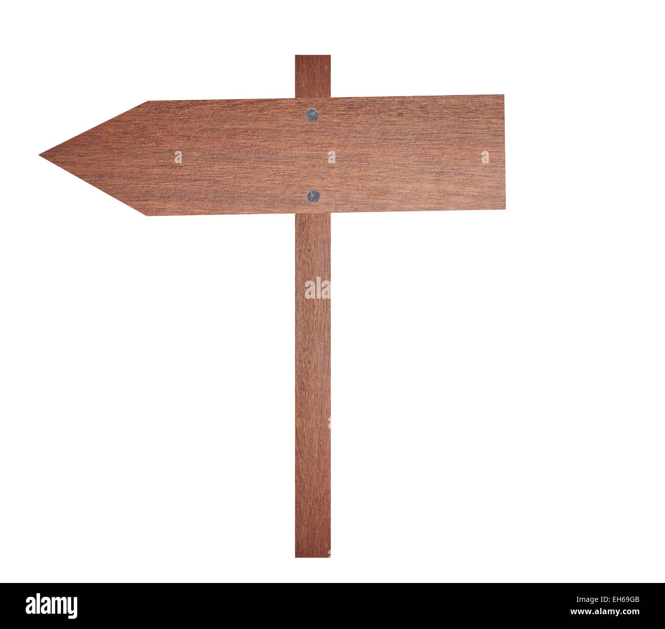 Pancarte en bois brun flèche sur fond blanc. Banque D'Images