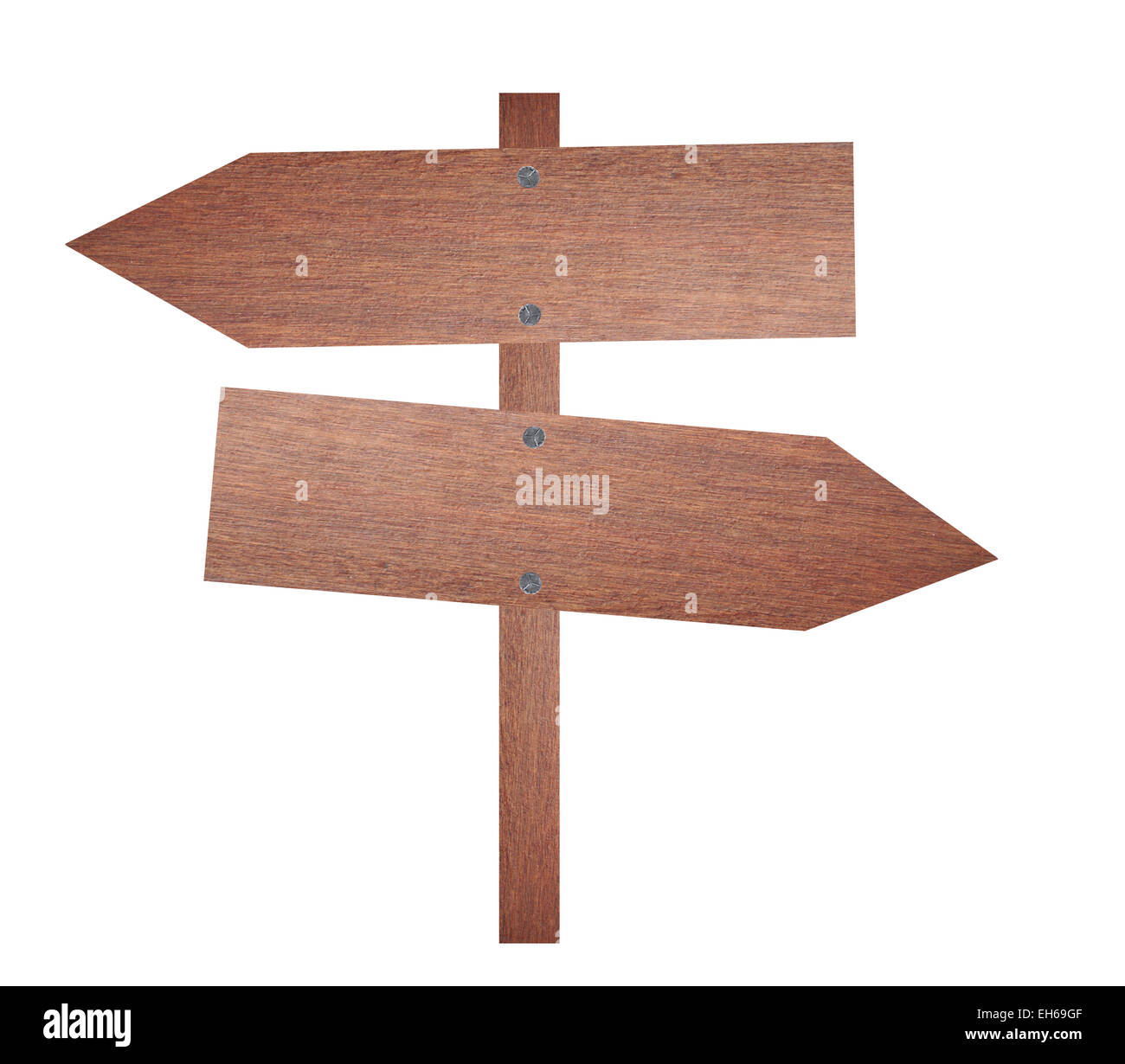 Pancarte en bois brun flèche sur fond blanc. Banque D'Images