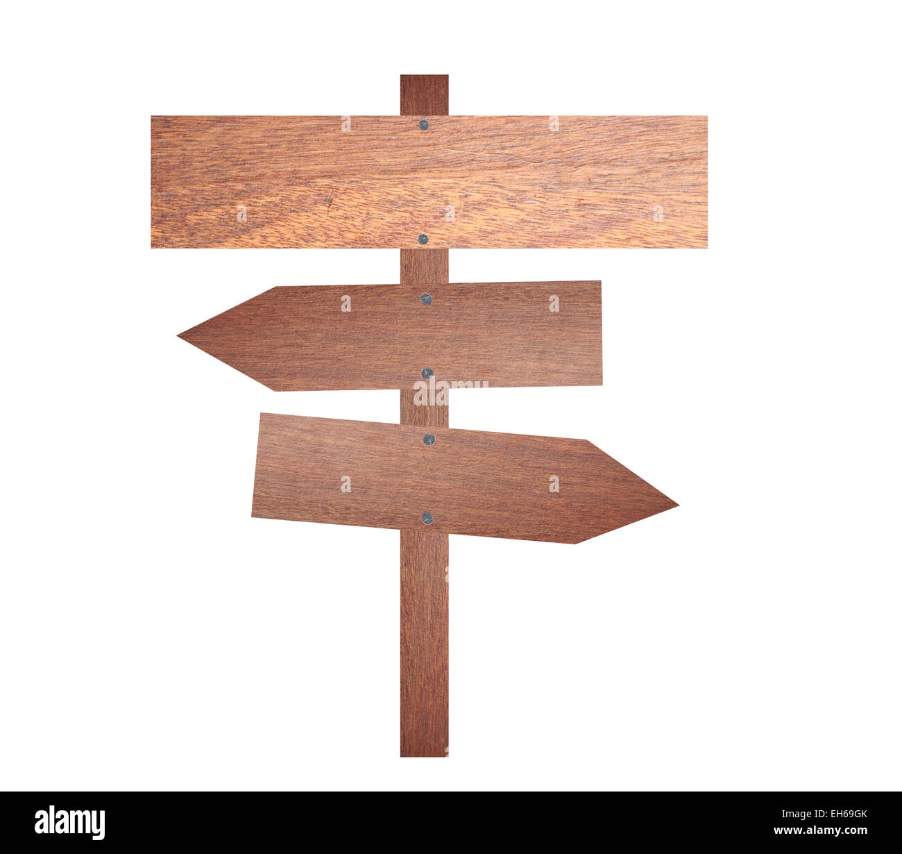 Pancarte en bois brun flèche sur fond blanc. Banque D'Images