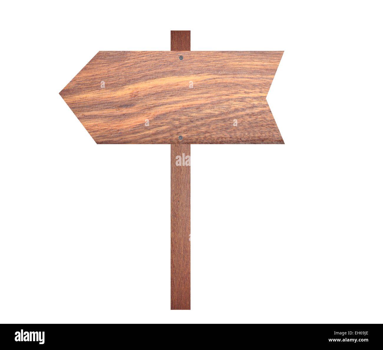 Pancarte en bois brun flèche sur fond blanc. Banque D'Images