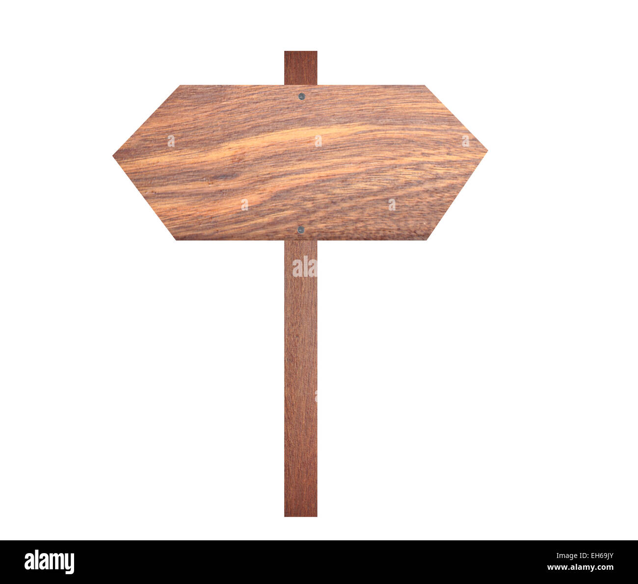 Pancarte en bois brun flèche sur fond blanc. Banque D'Images