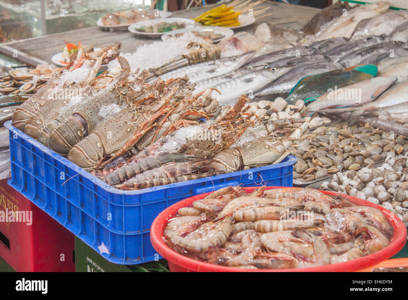 Une pile de homard et d'autres fruits de mer, à un marché Banque D'Images