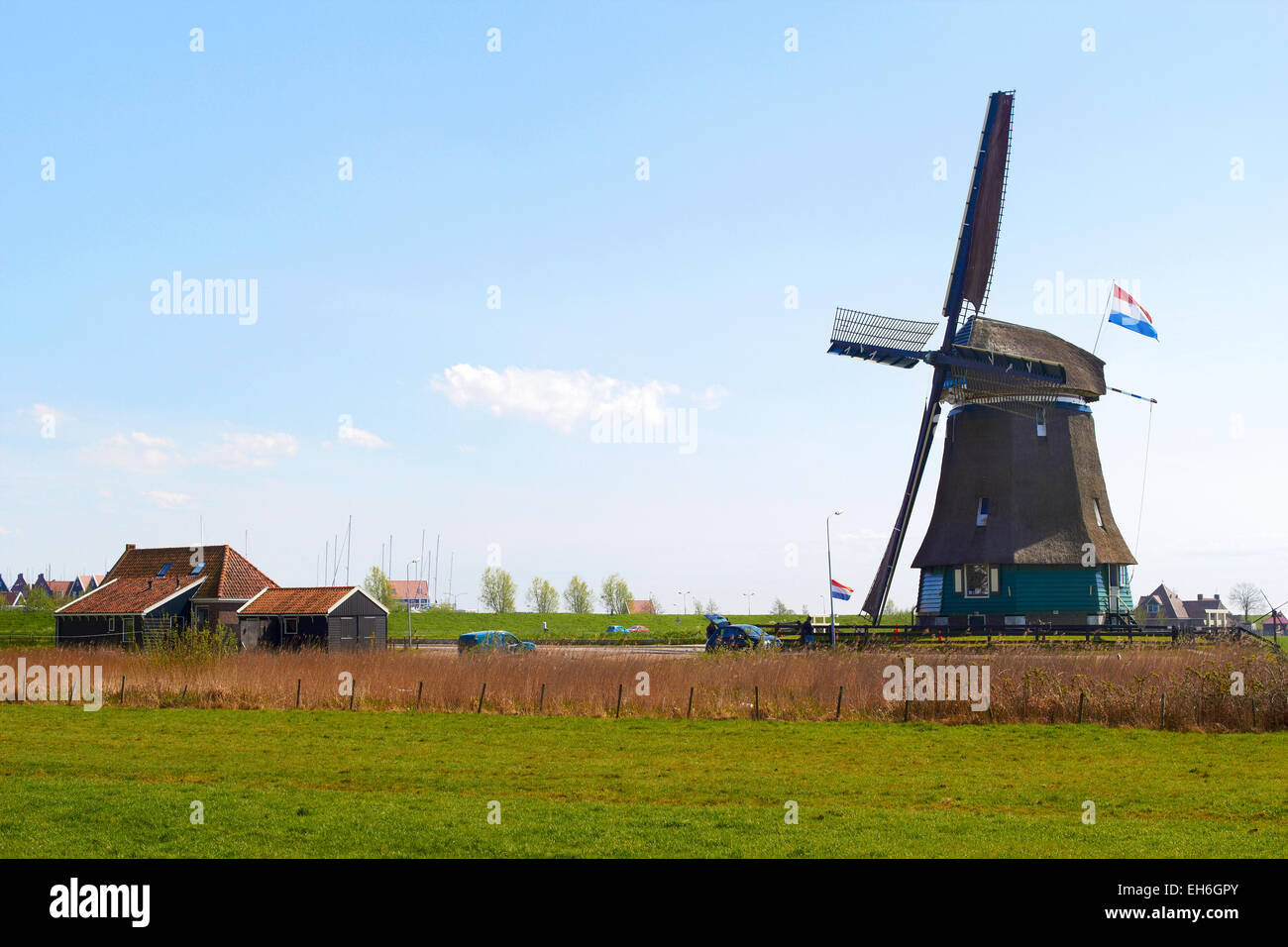 Paysage hollandais au printemps ensoleillé avec de l'herbe bien verte et un moulin historique Banque D'Images