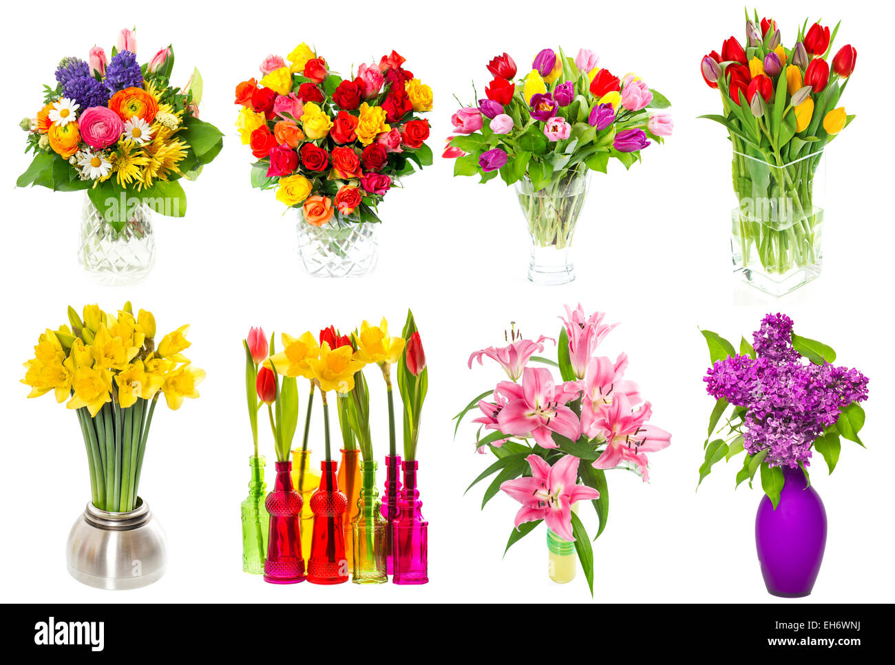 Bouquet de fleurs dans un vase. tulipes, roses, lilas, narcisses, fleurs de lys sur fond blanc Banque D'Images