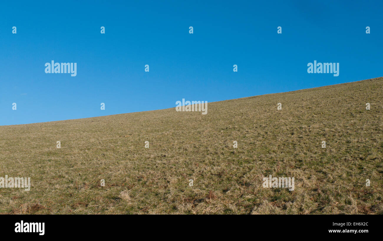 Ciel bleu avec copie espace et sec dans le champ de l'herbe brune sur les terres agricoles avec l'angle du paysage horizon dans Carmarthenshire, Pays de Galles, Royaume-Uni 8 mars 2015 KATHY DEWITT Banque D'Images