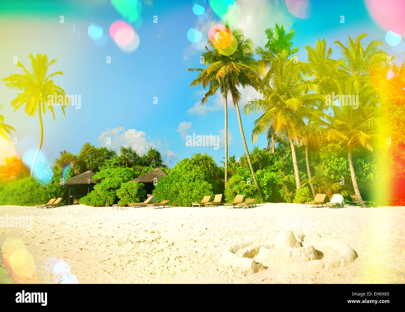 Paradise Island plage de sable fin avec palmiers et ciel bleu. Tons style vintage photo avec pénétration de la lumière et reflets de l'objectif Banque D'Images