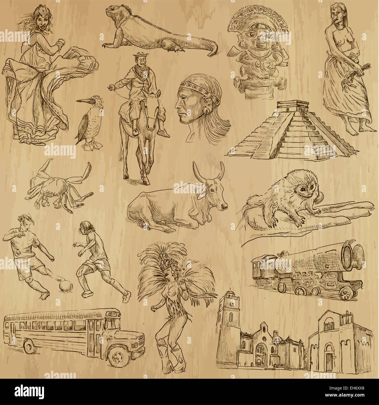 À partir de la série de voyage : AMÉRIQUE DU SUD - une collection d'illustrations faites à la main. Chaque dessin se composent de deux couches de base Illustration de Vecteur