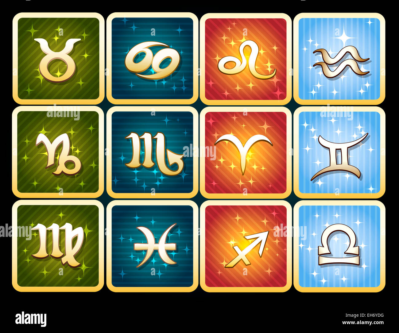 Ensemble de signes astrologiques du zodiaque sur l'étoile d'artifices colorés Banque D'Images