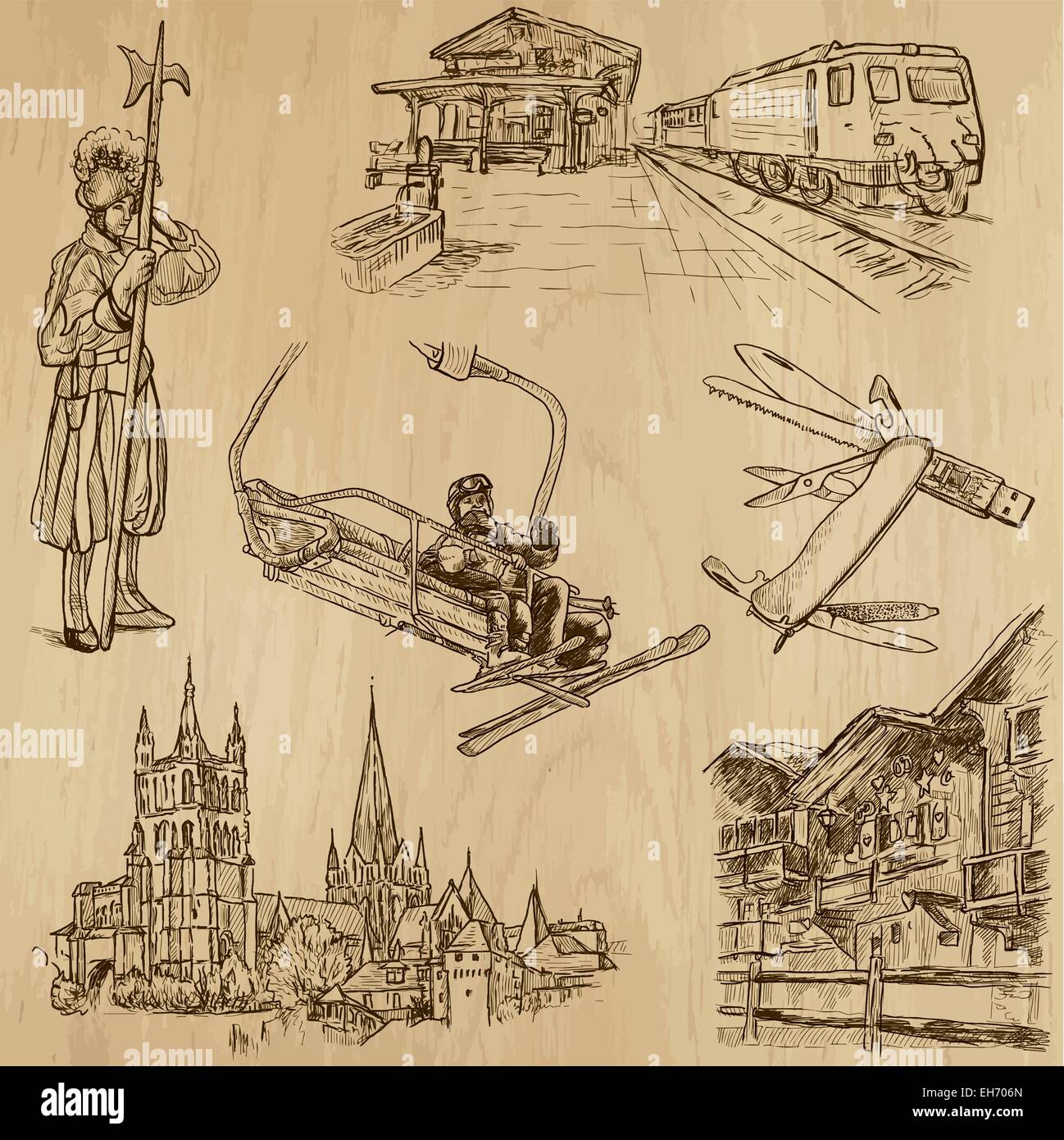 À partir de la série de voyage - SUISSE : une collection d'illustrations faites à la main. Chaque dessin se composent de deux couches de base de l'outli Illustration de Vecteur