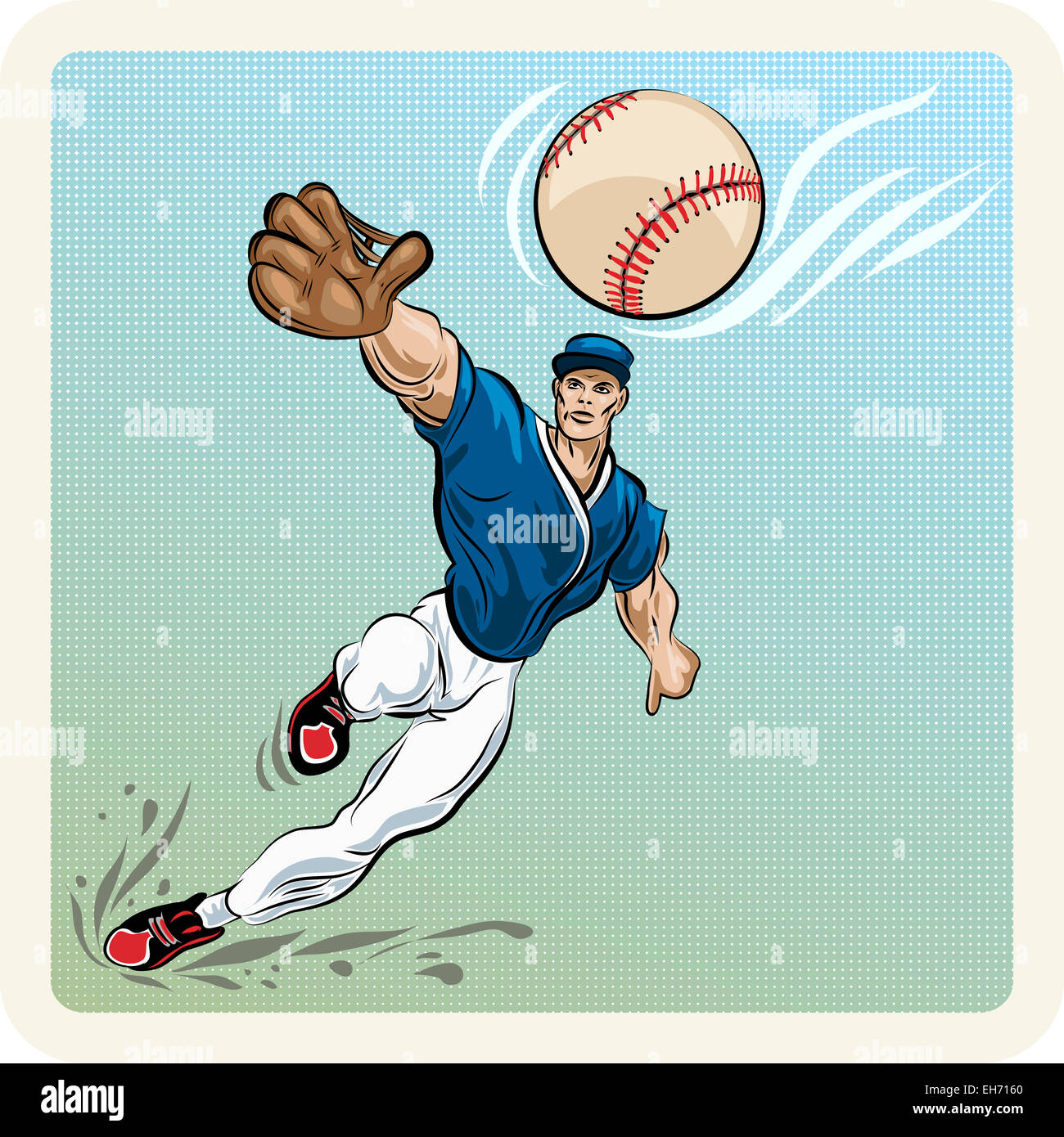 Illustration avec le voltigeur bondissant qui tente d'attraper la balle tirée dans le style vintage Banque D'Images