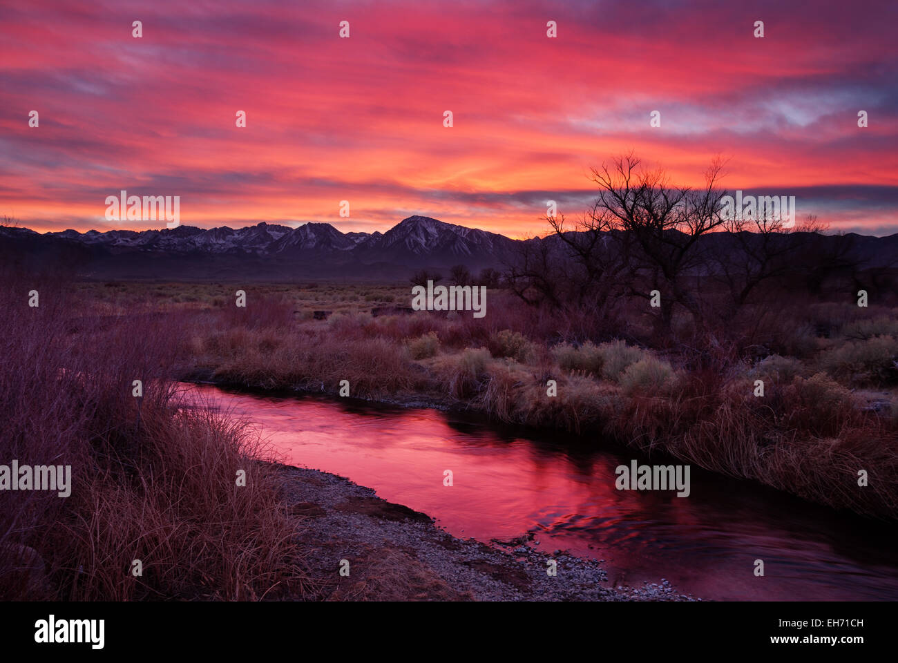 Owens Valley Sunset avec reflet dans la rivière Owens Banque D'Images