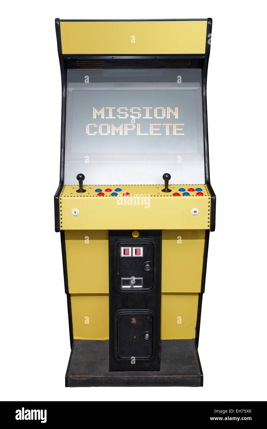 Vintage jeu vidéo avec écran de fin de mission isolated on white Banque D'Images