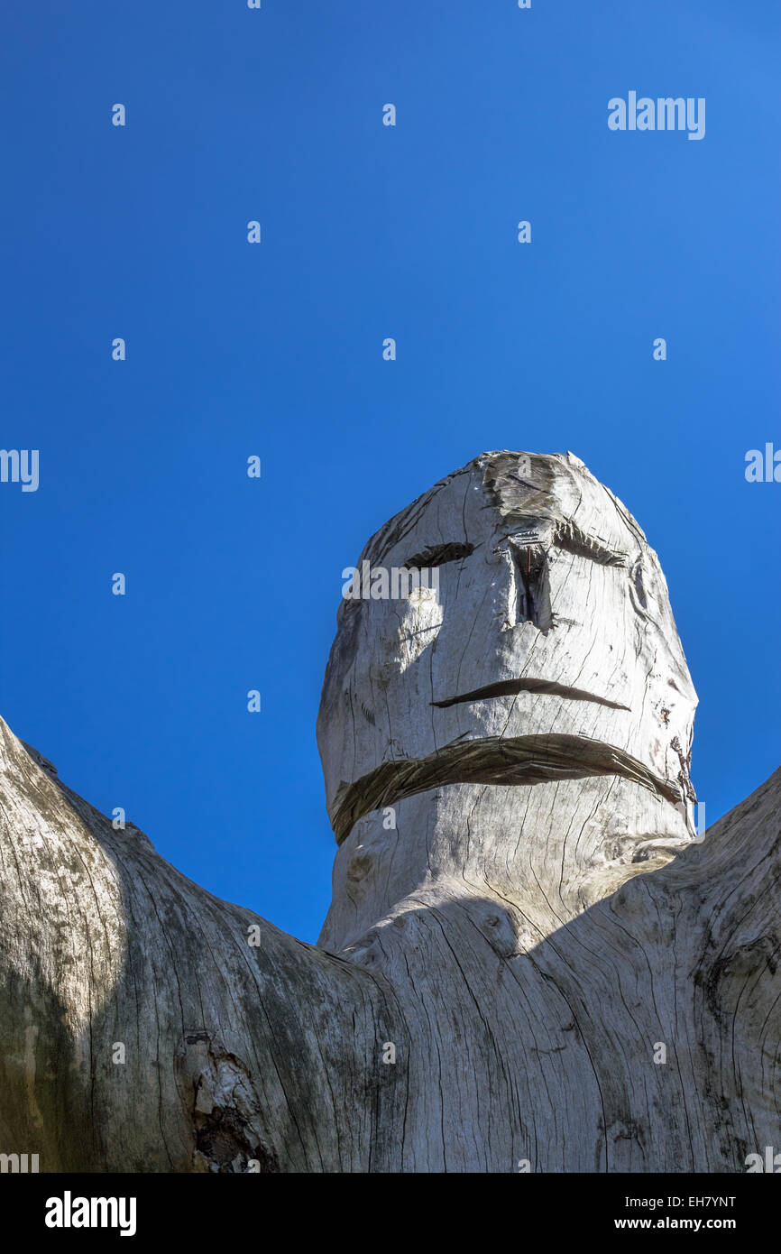 Tronc d'arbre sculpté avec l'image d'une divinité indienne. Banque D'Images