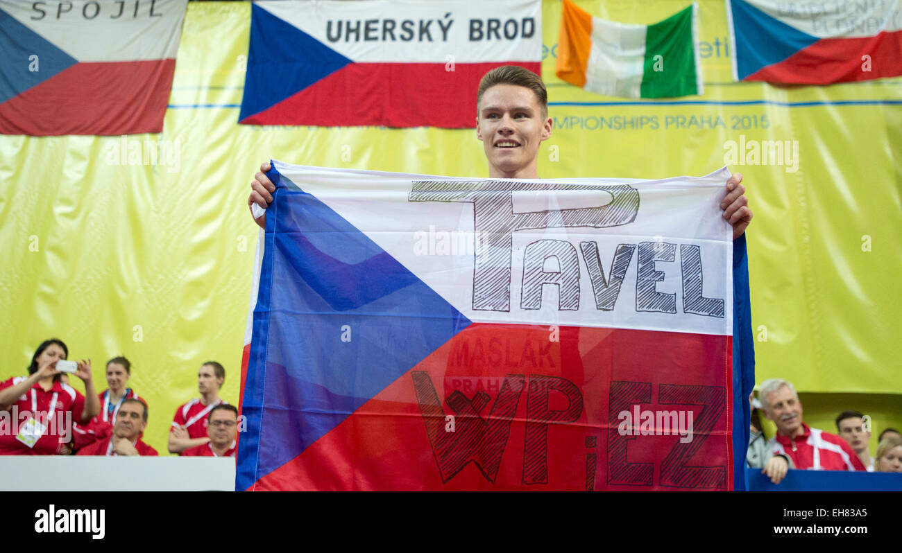 Prague, République tchèque. 7 mars, 2015. La République tchèque Pavel Maslak célèbre remportant la finale 400m hommes au cours de l'Europe d'athlétisme Championnats de l'intérieur à Prague, République tchèque, le 7 mars 2015. © Michal Kamaryt/CTK Photo/Alamy Live News Banque D'Images