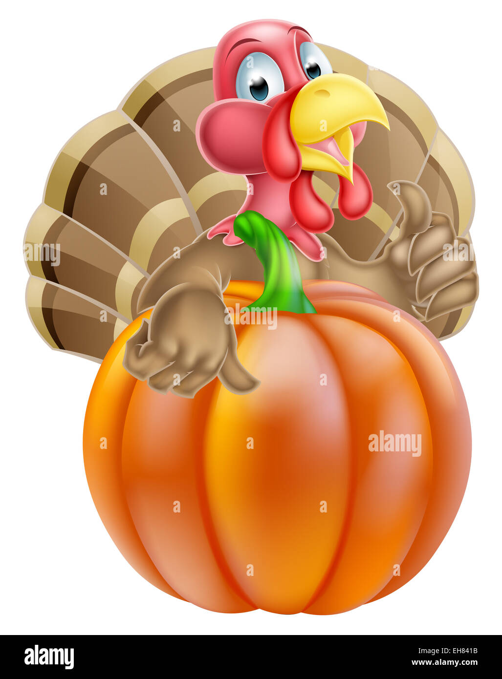 Cartoon dinde de Thanksgiving cuisinier, donnant un coup de derrière une citrouille Banque D'Images