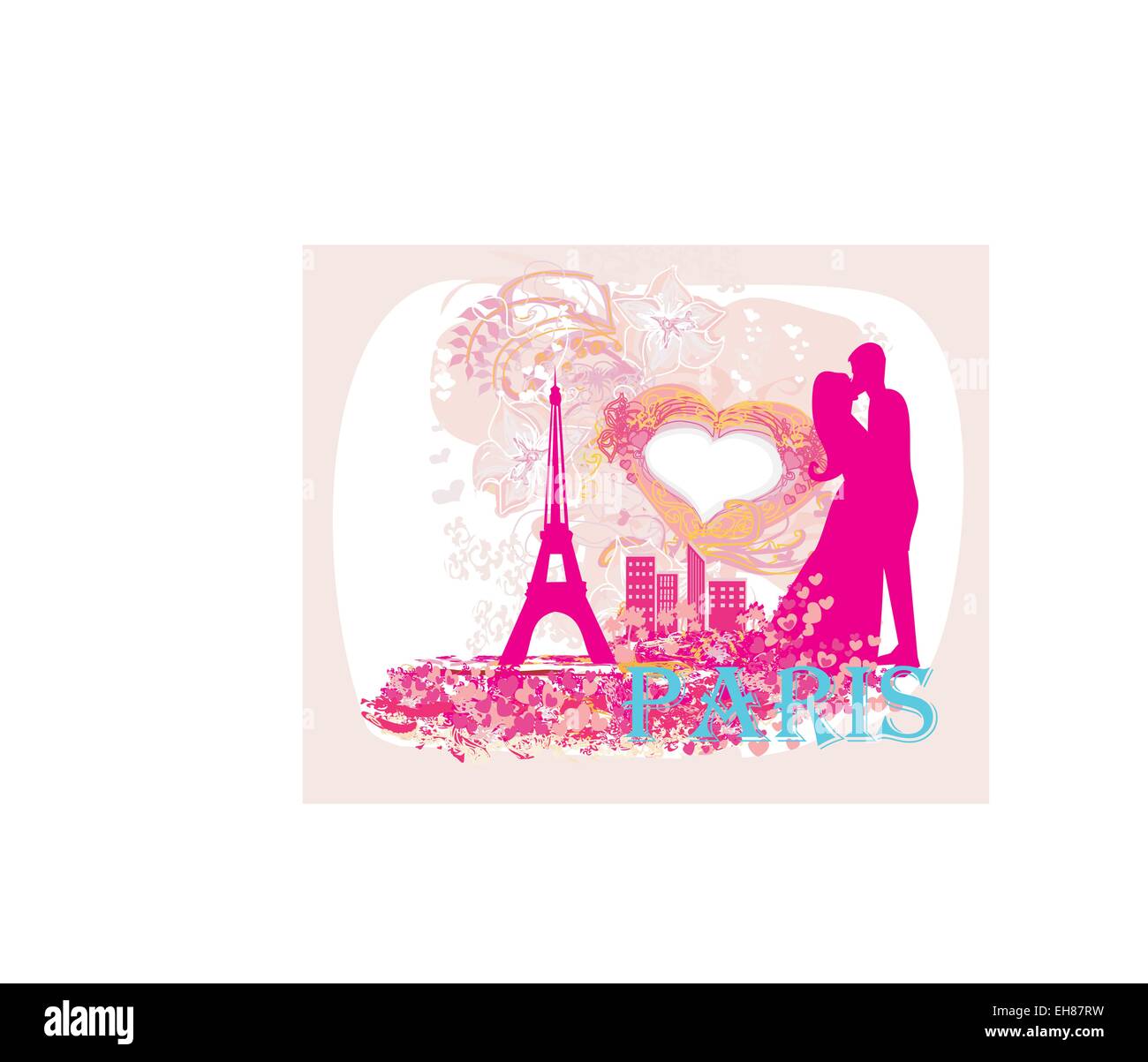 Couple romantique baiser à Paris près de la Tour Eiffel Illustration de Vecteur