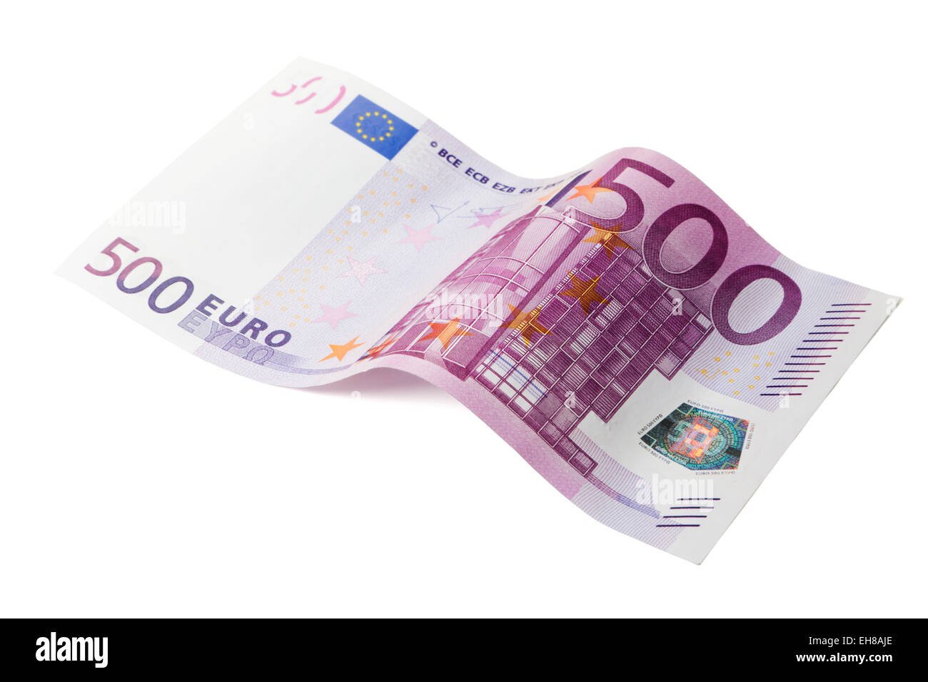 Cinq cents euros bill en forme d'onde isolé sur fond blanc Banque D'Images