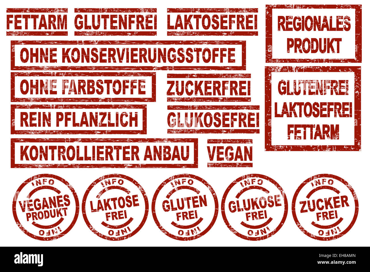 Ensemble de timbres d'encre rouge grunge style montrant divers termes allemands en matière de nutrition facts Banque D'Images