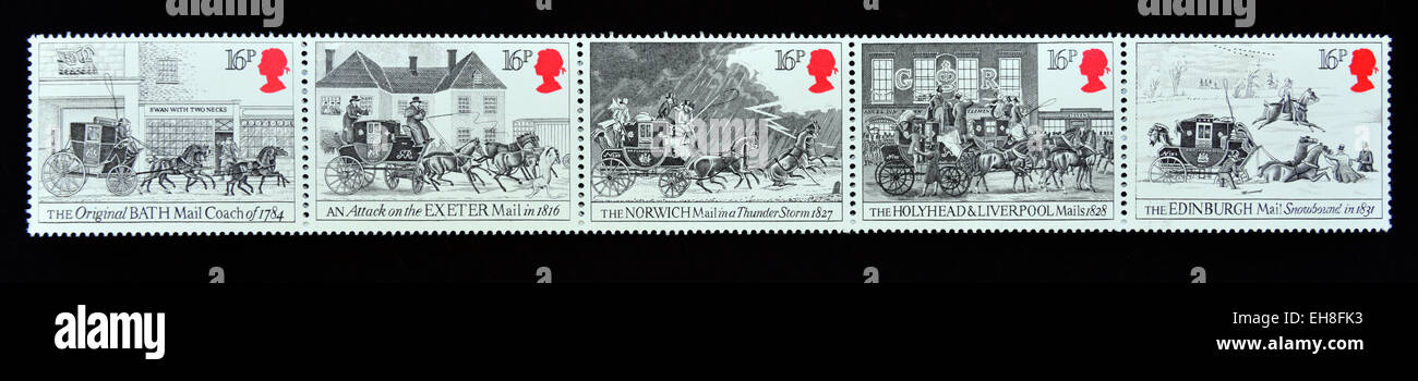 Les timbres-poste. La Grande-Bretagne. La reine Elizabeth II. 1984. Bicentenaire de la première malle-poste Exécuter, baignoire et de Bristol à Londres. Banque D'Images