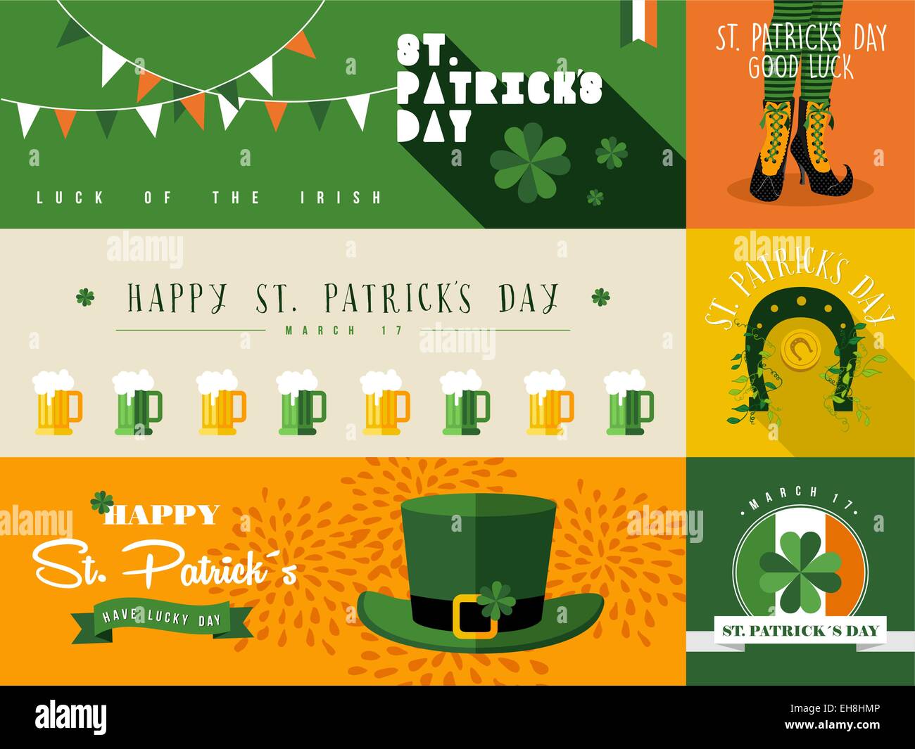 Ensemble d'éléments design plat et la bannière pour St Patricks day. Idéal pour la carte de vœux, et de l'affiche web template. Vecteur EPS10. Illustration de Vecteur